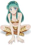  1girl animal_print bikini blue_eyes breasts cleavage commentary_request cone_horns green_hair highres horns indian_style long_hair lum medium_breasts print_bikini print_boots sidelocks simple_background sitting small_horns solo strapless strapless_bikini striped_horns swimsuit takinomori_momiji tiger_print urusei_yatsura wariza white_background yellow_bikini yellow_horns 