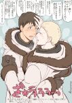  2boys bertolt_hoover black_eyes blonde_hair blush brown_hair coat couple crying crying_with_eyes_open eye_contact gloves hand_on_another&#039;s_head headpat hug looking_at_another male_focus maru_mary multiple_boys open_mouth reiner_braun shingeki_no_kyojin short_hair tears translation_request winter_clothes winter_coat yaoi yellow_eyes 