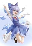  1girl :d absurdres adapted_costume arm_up bad_perspective bespectacled blue_background blue_bow blue_hair blue_skirt blue_vest bow brown_footwear chinese_commentary cirno collared_shirt flying_paper full_body glasses gradient gradient_background hair_between_eyes hair_bow happy highres jumping neck_ribbon open_mouth outstretched_arms paper red-framed_eyewear red_neckwear red_ribbon ribbon sanana_e semi-rimless_eyewear shirt shoes short_hair short_sleeves skirt smile socks solo touhou under-rim_eyewear v vest white_legwear white_shirt 