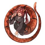  159cm 1girl belt blush brown_eyes commentary_request eel_girl eel_tail fins hair_between_eyes hakama hakama_short_skirt hakama_skirt hand_up haori horns japanese_clothes looking_at_viewer lying mermaid monster_girl nail_polish open_mouth original piercing red_hair red_nails sidelocks simple_background skirt smile solo tail tail_belt twintails v white_background wide_sleeves 