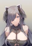  1girl absurdres august_von_parseval_(azur_lane) azur_lane bare_shoulders black_neckwear black_sleeves breasts broken_(7589468) cleavage clothing_cutout curled_horns detached_sleeves gradient gradient_background hair_over_one_eye highres horns huge_breasts long_hair looking_at_viewer mechanical_horns purple_eyes purple_hair shadow simple_background solo underboob_cutout upper_body very_long_hair 