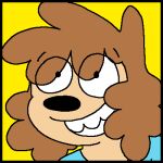 2025 anthro brown_hair canid canine canis colored curly_hair domestic_dog eye_through_hair flat_colors freoncat hair harrod_(normalsville) headshot_portrait icon low_res male male_anthro mammal normalsville poodle portrait simple_background smile solo toothy_grin translucent translucent_hair yellow_background