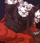  1boy animal_ears arknights bara black_shirt bulge chain_necklace covered_abs cuffs furry furry_male handcuffs highres istani male_focus mountain_(arknights) muscular muscular_male official_alternate_costume orange_pants pants pectorals reward_available scar scar_across_eye shirt short_hair solo spread_legs thick_eyebrows tiger_boy tiger_ears tight tight_shirt white_fur white_hair white_pants 