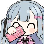  1girl ^_^ alternate_costume animated animated_gif bang_dream! bang_dream!_it's_mygo!!!!! black_ribbon blue_hair blunt_bangs blush_stickers bow can chibi chibi_only chunye_haruya closed_eyes commentary_request drink_can drinking energy_drink hair_bow hair_ribbon holding holding_can jirai_kei long_hair lowres monster_energy pink_bow pink_shirt rayman_limbs ribbon shirt sidelocks simple_background solo togawa_sakiko two_side_up upper_body 