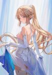  1girl ;p alternate_costume backless_dress backless_outfit bare_shoulders blonde_hair blue_eyes blush breasts cartethyia_(wuthering_waves) closed_mouth commentary_request cowboy_shot cum cum_on_body cum_on_breasts dress earrings elbow_gloves from_behind gloves highres jewelry long_hair looking_at_viewer looking_back multiple_earrings one_eye_closed paid_reward_available parted_bangs pointy_ears ponytail ru_zhai sidelocks small_breasts smile solo tacet_mark_(wuthering_waves) tongue tongue_out torn_clothes torn_dress very_long_hair white_dress white_gloves wuthering_waves 