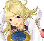  1girl absurdres blush cape commission commissioner_upload fire_emblem fire_emblem_awakening fire_emblem_heroes happy highres hug igni_tion kiran_(fire_emblem) long_hair long_sleeves manakete nowi_(fire_emblem) pointy_ears pov purple_eyes smile 