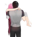  1boy 1girl amputee artist_name back bandaged_arm bandages barefoot black_hair black_pants black_shirt boruto:_naruto_next_generations capri_pants carrying commentary cowboy_shot english_commentary film_grain from_behind grey_vest haruno_sakura highres jewelry naruto_(series) pants pink_hair princess_carry red_shirt ring shirt short_sleeves simple_background sleeveless sleeveless_shirt spoken_zzz tenartistt uchiha_sasuke uchiha_symbol vest watermark wedding_ring white_background white_pants zzz 