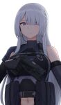  1girl abs absurdres ak-15_(girls&#039;_frontline) bangs bare_shoulders blunt_bangs breasts commentary detached_sleeves earpiece eyebrows_visible_through_hair girls&#039;_frontline glowing glowing_eyes gun hair_over_one_eye handgun highres long_hair looking_to_the_side medium_breasts midriff mp443 navel pistol pouch purple_eyes simple_background solo topgear trigger_discipline upper_body weapon white_background white_hair 