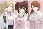  3girls atlus blonde_hair blue_eyes brown_hair coat commentary_request dessert food highres konchi_(63438789) kujikawa_rise long_hair looking_at_viewer multiple_girls open_mouth persona persona_3 persona_4 persona_5 pink_background smile sweater takamaki_anne takeba_yukari turtleneck turtleneck_sweater winter_clothes winter_coat 