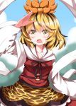  1girl animal_print arm_up black_hair black_ribbon blonde_hair blurry blurry_background blush collarbone commentary_request completion_time cowboy_shot hat highres long_sleeves multicolored_hair neck_ribbon open_mouth orange_hat print_skirt red_shirt ribbon ruu_(tksymkw) shawl shirt short_hair skirt solo streaked_hair tears tiger_print toramaru_shou touhou two-tone_hair white_shawl wide_sleeves yellow_eyes yellow_skirt 