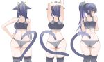  1girl :o absurdres animal_ears arknights ass backboob bare_arms bare_shoulders black_thighhighs blush breasts cat_ears cat_girl cat_tail commentary flying_sweatdrops from_behind grey_panties hand_on_own_hip highres jessica_(arknights) jessica_the_liberated_(arknights) large_breasts long_hair looking_at_viewer looking_back multicolored_hair multiple_views panties parted_lips ponytail purple_hair skindentation spam_(spamham4506) stretching sweat tail thighhighs towel towel_on_arm trembling two-tone_hair underwear very_long_hair white_background 