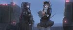  2girls absurdres almond_(arknights) animal_ears arknights ballistic_shield belt black_belt black_gloves black_shorts breasts brown_hair cat_ears cat_girl closed_mouth cowboy_shot dog_ears dog_girl ear_protection ears_down fingerless_gloves gloves green_eyes grey_shirt gun highres implied_extra_ears jessica_(arknights) jessica_the_liberated_(arknights) kusami_toka_naku_au long_hair looking_at_viewer motor_vehicle multiple_girls open_mouth outdoors pleated_skirt ponytail purple_hair shield shirt short_hair shorts skirt standing teeth visor_cap weapon whistle whistle_around_neck 