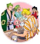  1girl 4boys ^_^ black_hair blonde_hair chabo_(niwatori_bosori) child chonmage circle closed_eyes commentary cooking curly_eyebrows facial_hair goatee green_hair haori hat headphones highres japanese_clothes kimono long_nose monkey_d._luffy multiple_boys mustache one_piece open_mouth red_kimono roronoa_zoro sanji_(one_piece) sash scar scar_across_eye scar_on_face sideburns stitched_torso stitches straw_hat striped_clothes striped_kimono sword toko_(one_piece) topknot usopp v-shaped_eyebrows vertical-striped_clothes vertical-striped_kimono weapon 