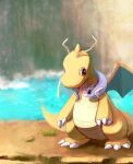  bishamon_(usagi_ba) claws closed_mouth day dragonite dratini gen_1_pokemon looking_down no_humans outdoors pokemon pokemon_(creature) rock smile standing water 