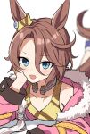  1girl animal_ears blue_eyes blush brown_hair collarbone ear_ornament fur-trimmed_jacket fur_trim hair_between_eyes head_rest horse_ears horse_girl horse_tail jacket long_sleeves looking_at_viewer mauve narita_taishin_(nevertheless)_(umamusume) narita_taishin_(umamusume) open_mouth pink_jacket shirt short_hair solo tail umamusume yellow_shirt 