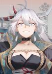  1girl absurdres asymmetrical_horns azur_lane black_choker black_coat breasts broken_(7589468) character_name choker cleavage coat ear_piercing fangs gradient gradient_background hakuryuu_(azur_lane) highres holding holding_sword holding_weapon horns huge_breasts long_hair looking_at_viewer open_clothes open_coat piercing sakura_empire_(emblem) sakuramon sash shadow signature simple_background smile solo sword upper_body weapon white_eyes white_hair white_sash 