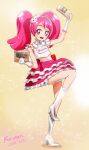  1girl dated furuta_(company) furutan hair_ornament haruyama_kazunori high_heels long_hair looking_at_viewer open_mouth pink_eyes pink_hair signature skirt smile solo 