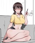 ! !! 1girl barefoot black-framed_eyewear black_shorts blush body_freckles breasts buck_teeth commentary couch crop_top dolphin_shorts english_text freckles full_body glasses highres holding holding_pen jimiko large_breasts looking_at_viewer low_twintails midriff mole mole_on_breast mole_on_thigh multiple_moles narrow_waist navel nose_blush on_couch original paid_reward_available pen shirt short_hair short_shorts short_twintails shorts sitting solo spoken_exclamation_mark stephanie_(ti_keep) t-shirt teeth thighs ti_keep twintails v-neck yellow_shirt yokozuwari zoomer_slang 