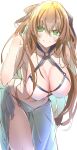  1girl absurdres bare_shoulders bikini blue_ribbon breasts cleavage closed_mouth collarbone commentary e_sky_rugo eyebrows_visible_through_hair girls&#039;_frontline green_eyes hair_ribbon hand_in_hair hand_on_back highres large_breasts long_hair looking_at_viewer o-ring o-ring_bikini orange_hair ribbon sarong smile solo springfield_(girls&#039;_frontline) swimsuit white_background white_swimsuit 