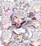  >_< 1girl :3 :d :o ^_^ absurdres alternate_costume apron black_shoes blank_eyes blush bow bowtie cake cake_slice cevio chocolate_cake closed_eyes closed_mouth commentary crossed_bangs cup double-parted_bangs dress drop_shadow enmaided fang flower food fork frilled_apron frilled_dress frills full_body grey_hair hair_between_eyes hair_flower hair_ornament hairclip heart heart-shaped_pupils highres holding holding_plate holding_teapot kneehighs koharu_rikka long_sleeves looking_at_viewer maid maid_headdress milkpanda multiple_views open_mouth outline pink_bow pink_bowtie plate purple_eyes shaded_face shoes short_hair skin_fang smile socks standing standing_on_one_leg star_(symbol) symbol-shaped_pupils synthesizer_v teacup teapot thick_eyebrows v-shaped_eyebrows wavy_mouth white_apron white_outline white_socks 