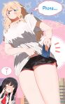  2girls black_hair black_shorts blonde_eyelashes blonde_hair blue_eyes boyshort_panties breasts brown_eyes cellphone english_commentary english_text highres large_breasts multiple_girls original phone ryusei_hashida shirt shorts signature solo_focus t-shirt thighs white_shirt 