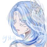  1girl absurdres bare_shoulders blue_eyes blue_hair blue_pupils born_flawless_(infinity_nikki) chinese_commentary colored_eyelashes commentary_request eyes_visible_through_hair eyeshadow facepaint grey_eyeshadow hair_over_shoulder highres infinity_nikki light_particles lipstick long_hair looking_at_viewer lymoxi10444 makeup nikki_(series) parted_lips pointy_nose purple_lips rainbow scale_hair_ornament signature simple_background solo upper_body very_long_hair white_background 