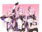  3girls absurdres bangs black_gloves blue_eyes breasts cleavage elbow_gloves elysia_(honkai_impact) eyebrows_visible_through_hair gloves grin hfp~kubiao highres honkai_(series) honkai_impact_3rd long_hair looking_at_viewer multiple_girls multiple_persona navel one_eye_closed pointy_ears purple_hair shorts smile yawning 