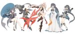  5girls :o bangs bare_shoulders black_gloves black_hair blue_dress blue_eyes breasts brown_legwear china_dress chinese_clothes closed_mouth dress fu_hua fu_hua_(phoenix) fu_hua_(shadow_knight) fu_hua_(valkyrie_accipter) full_body glasses gloves hair_between_eyes high_heels highres holding holding_umbrella honkai_(series) honkai_impact_3rd long_hair long_sleeves looking_at_viewer mogomaco multicolored_hair multiple_girls multiple_persona oil-paper_umbrella open_mouth ponytail red_eyes simple_background single_thighhigh sleeveless sleeveless_dress small_breasts streaked_hair thighhighs umbrella white_background white_dress white_hair 