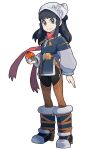  1girl akari_(pokemon) bangs belt black_hair boot_straps boots brown_belt commentary english_commentary eyelashes floating_scarf full_body grey_eyes head_scarf highres holding holding_poke_ball knees long_hair long_sleeves poke_ball poke_ball_(legends) pokemon pokemon_(game) pokemon_legends:_arceus pouch red_scarf scarf sidelocks simple_background smile solo standing vikthor01 white_background white_headwear 