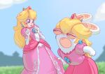  1girl :o blonde_hair blue_eyes blue_sky blush_stickers buck_teeth commentary crown day dress dylean earrings elbow_gloves english_commentary eye_contact gloves highres jewelry long_hair looking_at_another mario_(series) mario_+_rabbids_kingdom_battle outdoors pink_dress princess_peach puffy_short_sleeves puffy_sleeves rabbid rabbid_peach raving_rabbids short_sleeves signature sky white_gloves 