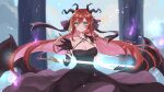  1girl asymmetrical_gloves atelier_live bangs breasts cleavage closed_mouth crying dragon_girl dragon_horns dress earrings gloves green_eyes hair_between_eyes highres horns jewelry kuzuryu_io long_hair looking_at_viewer mismatched_gloves multiple_horns red_hair ribbon solo sword ten-chan_(eternal_s) very_long_hair virtual_youtuber weapon wings 