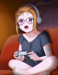  1girl bespectacled black_shirt chromatic_aberration collarbone commentary controller couch english_commentary game_controller glasses hair_pulled_back headphones indian_style jan_azure love_live! love_live!_superstar!! open_mouth orange_hair playstation_controller purple_eyes shibuya_kanon shirt sitting solo t-shirt v-shaped_eyebrows 