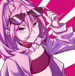  1girl absurdres adjusting_eyewear artist_request choker collarbone eyebrows_visible_through_hair eyewear_on_head grand_(pixiv) hair_between_eyes highres jacket kemono_jihen long_hair long_sleeves looking_at_viewer midriff pink_hair purple_eyes red_background signature smile solo strapless sunglasses tademaru_aya tubetop white_background 