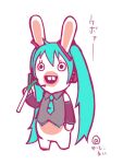  1girl aqua_hair buck_teeth cosplay detached_sleeves drahtpuppe hatsune_miku hatsune_miku_(cosplay) parody rabbid raving_rabbids solo spring_onion twintails vocaloid 