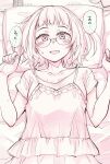  1girl camisole cellphone futon glasses greyscale highres kou1 lying mole monochrome on_back open_mouth original phone pillow pink_theme shirt smartphone smile solo sweatdrop t-shirt tatami translated upper_body 