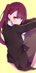  1girl black_jacket blush brown_legwear e_sky_rugo from_side girls&#039;_frontline jacket long_hair long_sleeves looking_at_viewer looking_to_the_side one_side_up open_clothes open_jacket pantyhose parted_lips red_hair shirt simple_background sitting solo wa2000_(girls&#039;_frontline) white_shirt yellow_background 