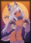  1girl :d animal_ears bandaged_arm bandaged_head bandages bangs bare_shoulders belt_collar breasts chain claws cleavage collar collarbone commentary_request dark_skin eyebrows_visible_through_hair full_moon garter_straps hair_between_eyes head_tilt highres komiya_nigi leaning_forward long_hair looking_at_viewer midriff moon navel night night_sky open_mouth orange_eyes original sidelocks silver_hair sky slit_pupils small_breasts smile solo tail wolf_ears wolf_girl wolf_paws wolf_tail 