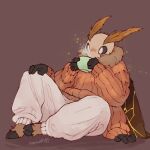 2_toes 4_arms 5_fingers absurd_res antennae_(anatomy) anthro arthropod beverage black_sclera bottomwear brown_background brown_body brown_fur claws clothing drinking feet fingers floof_(binaryfloof) fur hi_res insect insect_wings kintsugi_(art) lepidopteran lepidopteran_wings manustuff moth multi_arm multi_limb necktie orange_clothing orange_sweater orange_topwear pants simple_background sitting sitting_on_ground sweater tea toes topwear white_bottomwear white_clothing white_eyes white_pants wings
