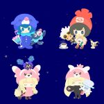  2boys 4girls animated animated_png bewear bewear_(cosplay) blonde_hair bubble chibi chibi_only closed_eyes coffee cosmog cosplay drink gladion_(pokemon) guzma_(pokemon) heart lillie_(pokemon) lusamine_(pokemon) mimikyu mother_and_daughter multiple_boys multiple_girls nihilego pokemon pokemon_sm popplio popplio_(cosplay) rizu_(rizunm) rowlet selene_(pokemon) stufful stufful_(cosplay) waving_arms 