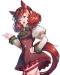  1girl animal_ears breasts brown_eyes cleavage hair_ornament highres horse_ears horse_girl horse_tail looking_at_viewer md5_mismatch medium_hair nice_nature_(umamusume) open_mouth red_hair short_hair short_twintails solo tail twintails umamusume umipro white_background 