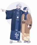  2boys black_hair blue_haori blue_kimono blue_sash brown_haori brown_sash closed_eyes commentary floral_print floral_print_kimono hand_on_another's_shoulder haori haori_himo heterochromia japanese_clothes kimono korean_commentary lemonmelon00 male_focus multicolored_hair multiple_boys obi open_mouth pointing print_kimono sakura_haruka_(wind_breaker) sandals sash simple_background socks split-color_hair tabi two-tone_hair umemiya_hajime white_background white_hair white_socks wide_sleeves wind_breaker_(nii_satoru) yellow_kimono zouri 