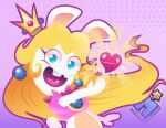  1girl :d animal_ears artist_name blonde_hair blue_eyes commentary crown earrings english_commentary heart jewelry long_hair looking_at_viewer mario_(series) mario_+_rabbids_kingdom_battle open_mouth rabbid rabbid_peach rabbit_ears rabbit_tail raving_rabbids smile solo star_(symbol) tail 