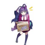  1girl antenna_hair aqua_eyes black_shoes blazer braid breasts cardboard carrying commentary_request gradient_hair hair_between_eyes hairband hat jacket kneehighs large_breasts loafers long_hair multicolored_hair necktie pink_hair pink_hairband pink_jacket pink_necktie purple_hair purple_socks ruka_fuuun school_uniform shirt shoes socks sukja uchi_no_hime-sama_ga_ichiban_kawaii white_shirt witch_hat 