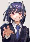  1girl aoki_ruri black_hair black_jacket blazer blue_necktie bright_pupils collared_shirt dragon_girl dragon_horns dress_shirt fingernails grin horns hungry_clicker jacket long_sleeves looking_at_viewer necktie outstretched_arm polka_dot_necktie reaching reaching_towards_viewer red_eyes ruridragon school_uniform shirt short_hair simple_background smile solo upper_body v-shaped_eyebrows white_background white_horns white_pupils white_shirt 