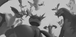  absurdres altaria baxcalibur closed_mouth commentary_request dragalge flamigo flying from_behind grey_background greyscale haxorus highres iron_bundle monochrome no_humans noivern non-humanoid_robot open_mouth oricorio oricorio_(pom-pom) pokemon pokemon_(creature) robot simple_background staraptor tropius wer_(no0701) 