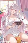  ! 1girl ahoge bag bandaid bandaid_on_arm bare_shoulders barefoot blush book breasts can charm_(object) chinese_commentary chips_(food) cleavage collarbone colored_eyelashes commentary_request curtains day detached_wings double_bun drink_can fang fingernails food hair_between_eyes hair_bun hair_intakes hair_ornament hairclip handheld_game_console heart heart-shaped_pillow highres holding holding_handheld_game_console iceeee12593357 indie_virtual_youtuber indoors juice_carton large_breasts light_particles long_fingernails long_hair looking_at_viewer meichan_(mingming) mini_wings nail_polish on_floor open_mouth paper paper_bag pillow pink_eyes pink_nails potato_chips print_shirt rug seiza shirt short_sleeves single_bare_shoulder sitting skin_fang smile solo sparkle speech_bubble thick_eyelashes thighs very_long_hair virtual_youtuber white_hair white_shirt white_wings window wings 