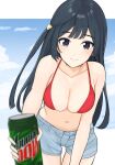  1girl bangs bikini black_eyes black_hair blush brand_name_imitation breasts can cleavage collarbone denim denim_shorts grey_eyes highres long_hair love_live! love_live!_nijigasaki_high_school_idol_club mountain_dew navel one_side_up red_bikini shorts solo swimsuit tatsumi432 yuuki_setsuna_(love_live!) 