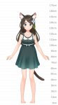  1girl aina_(mao_lian) animal_ear_fluff animal_ears arms_at_sides bare_shoulders barefoot blue_eyes breasts brown_hair cat_ears cat_tail closed_mouth dress full_body green_dress height_chart highres long_hair looking_at_viewer mao_lian_(nekokao) medium_breasts original pigeon-toed pregnant smile solo standing tail 