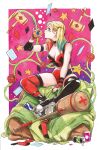  1girl blonde_hair blue_hair breasts dc_comics fingerless_gloves gloves gradient_hair green_eyes harley_quinn highres lipstick makeup mallet multicolored multicolored_clothes multicolored_hair multicolored_shorts plant playing_card_theme red_hair sao_(saowee) shoes short_shorts shorts sneakers solo thighhighs two_side_up vines 