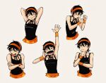  1boy arms_up black_hair blush crossed_arms hairband highres ino_matome jojo_no_kimyou_na_bouken male_focus narancia_ghirga open_mouth short_hair simple_background smile tongue tongue_out upper_body vento_aureo 